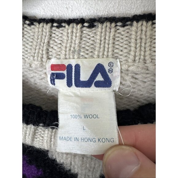 Vintage FILA Women’s Wool Sweater L Made in Hong Kong 80s 90s Geometric Knit Ski - Picture 3 of 7